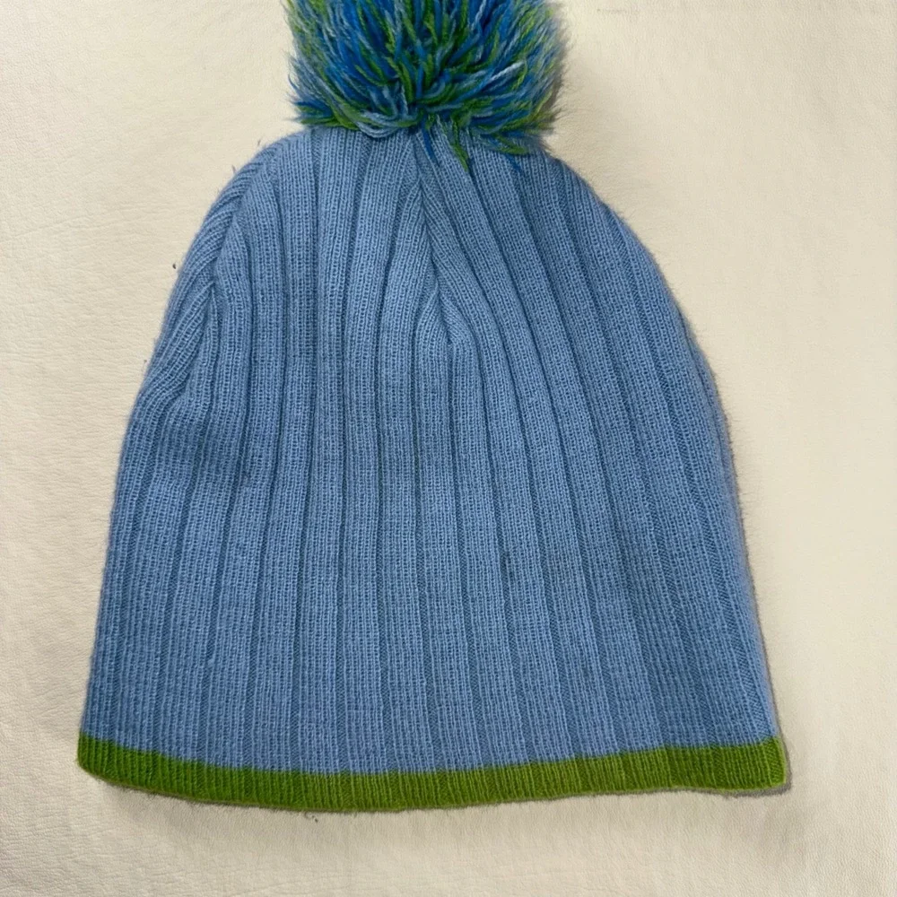 Vintage It's Happy Bunny Jim Benton Blue Green Pom Pom Beanie Hat Y2K Sarcastic